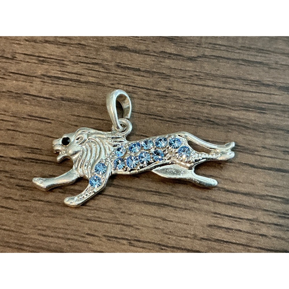 Lion Pendant Vintage Double Sided Baby Blue Black Eye Rhinestone